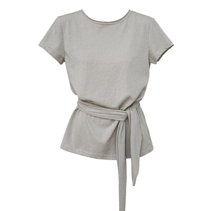Korean version strap waist T-shirt women's summer new casual round neck versatile short-sleeved front shoulder top