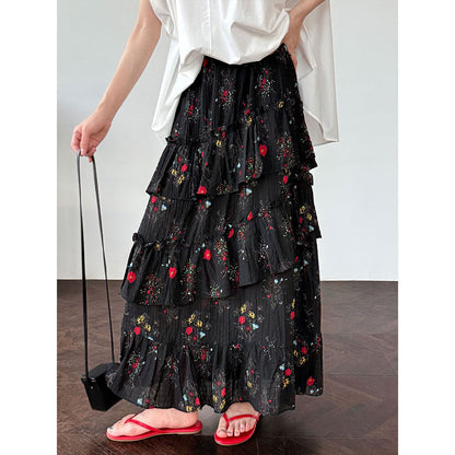 French romantic split cake skirt women's summer new fluffy pleated floral skirt long dress