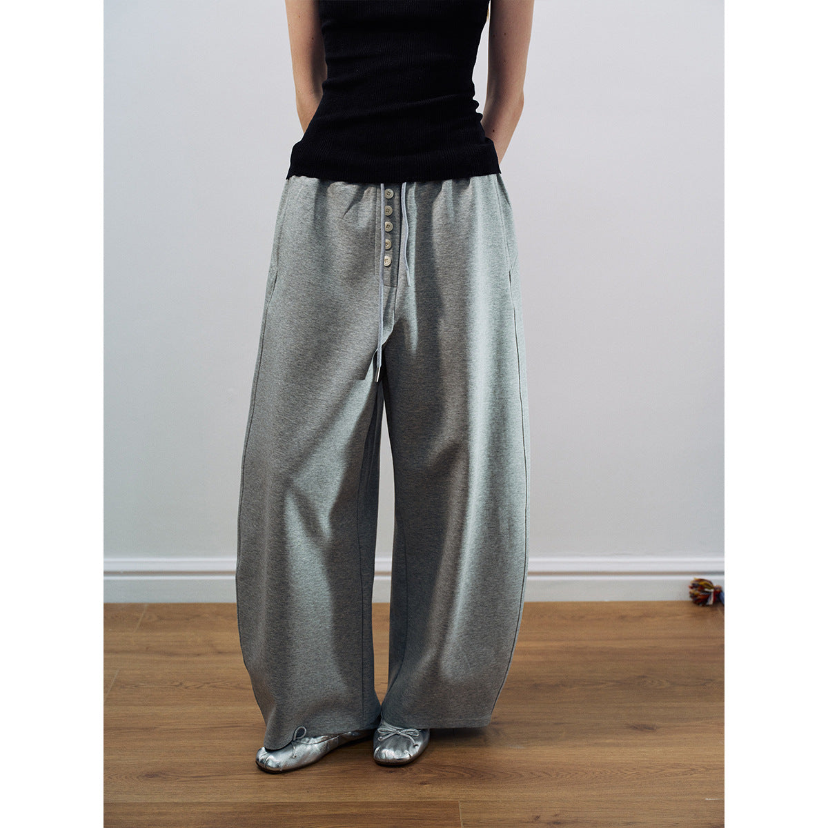 Spring new high-waisted multi-buckle lace-up basic versatile simple and easy casual sweatpants
