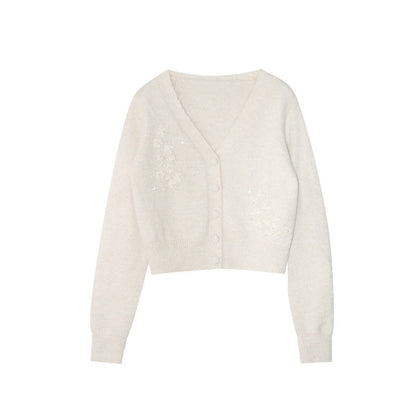 Gentle and sweet wool deep v-neck long-sleeved jacquard sweater cardigan