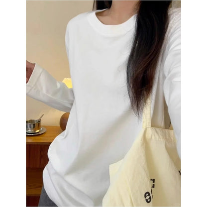 Pure Cotton Long Sleeve T-Shirt Women Round Neck Base Layer Casual Top