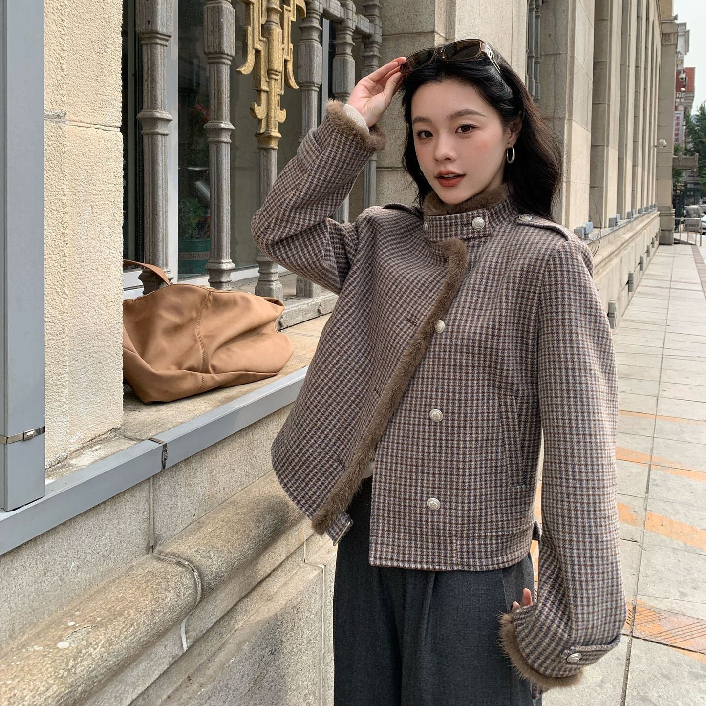 Vintage Plaid Asymmetrical Plush Women's Jacket
