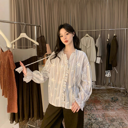Autumn French retro loose long-sleeved wooden ear edge embroidered striped shirt