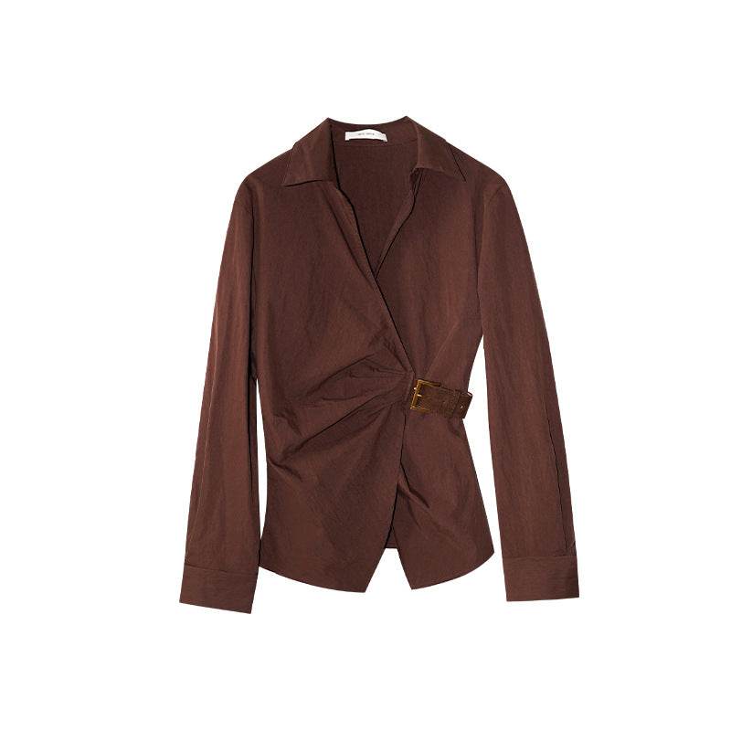 Temperament diagonal placket waist long-sleeved lapel shirt