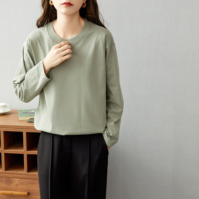 Pure Cotton Long Sleeve T-Shirt Women Round Neck Base Layer Casual Top