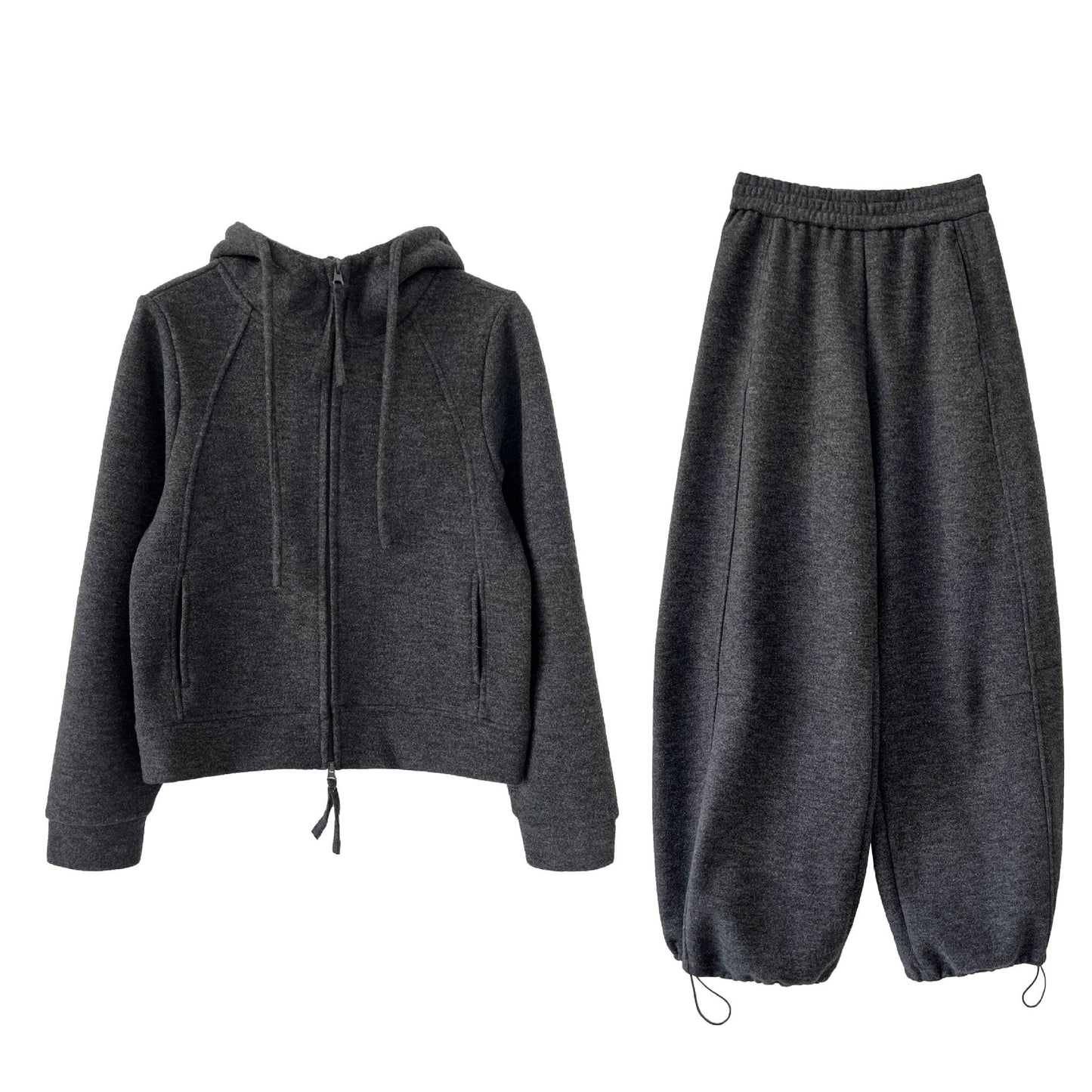 Wool fleece hooded double zipper sweater adjustable corset trousers temperament casual sports suit