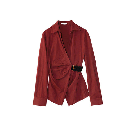 Temperament diagonal placket waist long-sleeved lapel shirt