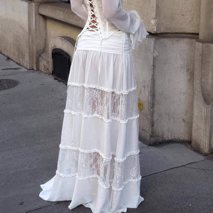 New white lace skirt women's high waist and thin mopping gauze splicing cake dress