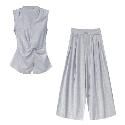 Design sense V-neck kink sleeveless vest + wide-leg pants women's summer new slim-fit linen suit