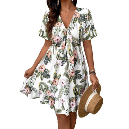 New v-neck floral print fashion resort knee-length summer dress
