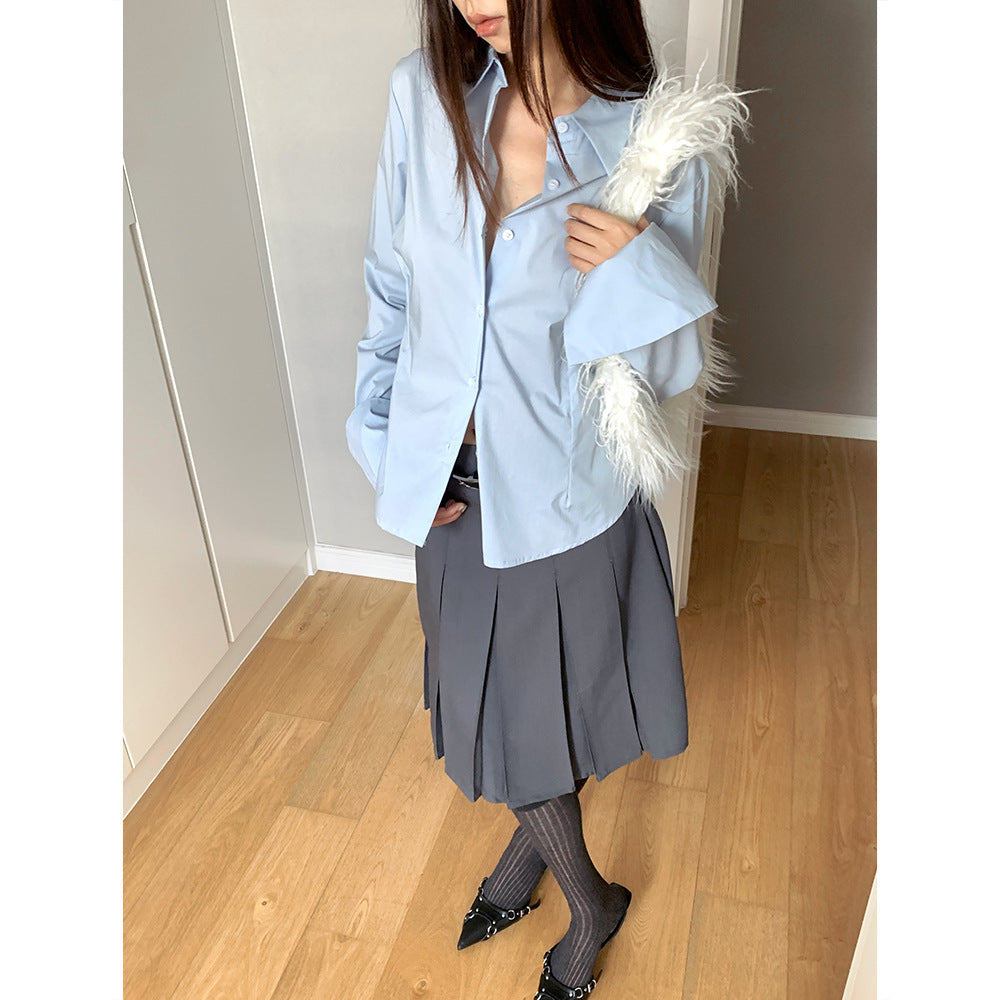 Polo Collar Long Sleeve Shirt Women Single-Breasted Button-Up Waist Fit