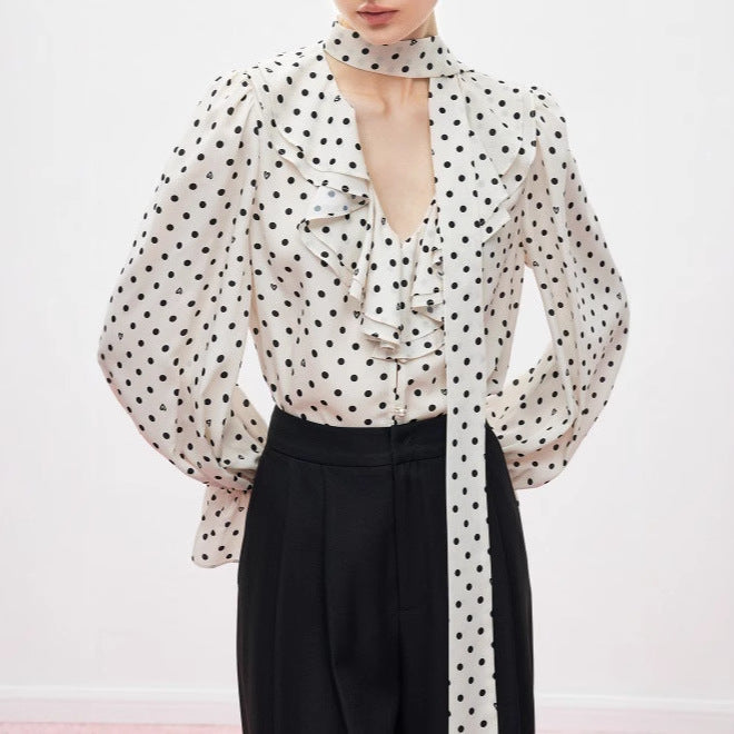 New French bow streamer polka dot card polka dot shirt women's autumn long-sleeved temperament satin top