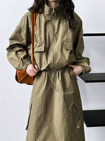 American short jacket + drawstring skirt two-piece outdoor sports tooling suit women