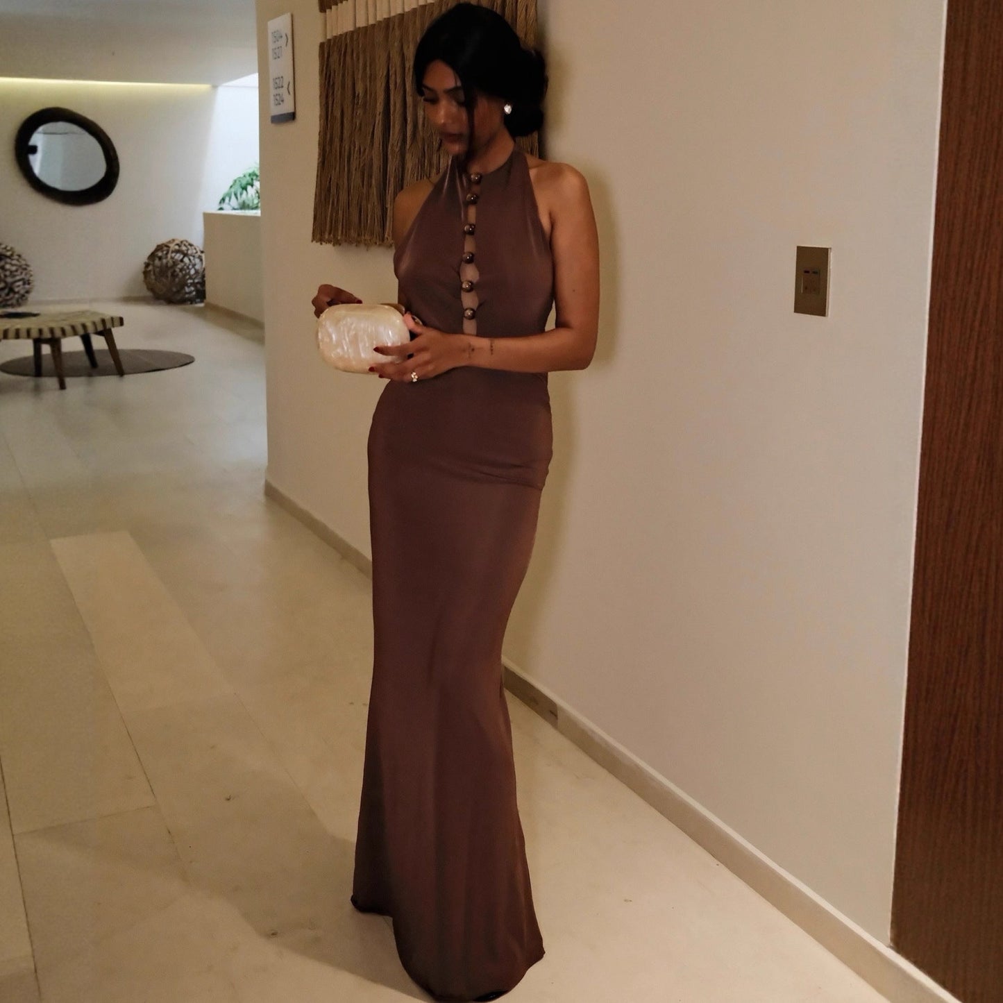 Fashion Splicing Beaded Neck Hip Wrap Skirt Backless Sexy Spice Girl Dress
