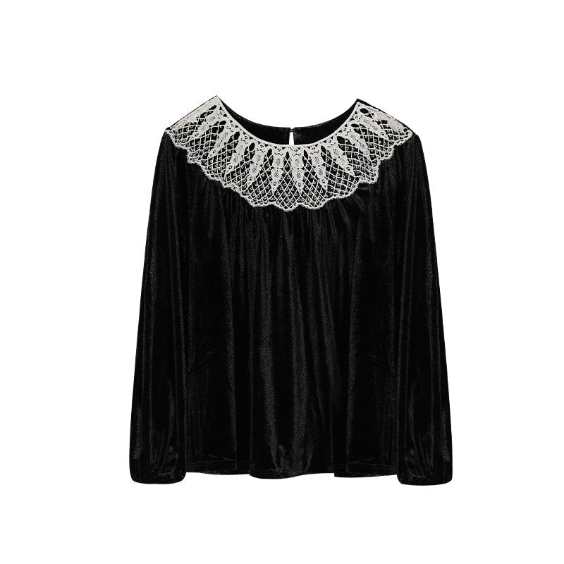 Velvet Shirt Lace Hollow Crew Neck Long Sleeve Sweater Women