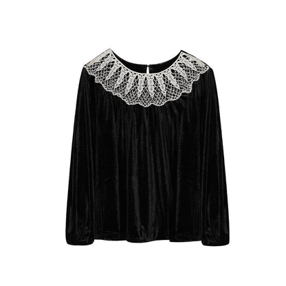 Velvet Shirt Lace Hollow Crew Neck Long Sleeve Sweater Women