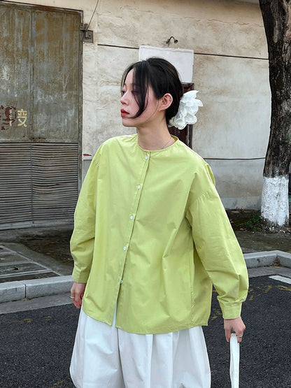 Simple Korean crew neck shirt top women's early spring stand-up collar casual versatile shirt jacket