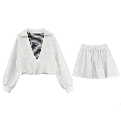 Korean age-reducing suit women's autumn new fake two-piece sweater + elastic skirt two-piece set
