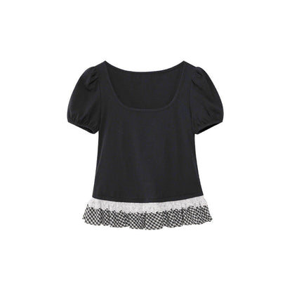 Sweet age-reducing lace trim square neck short-sleeved T-shirt
