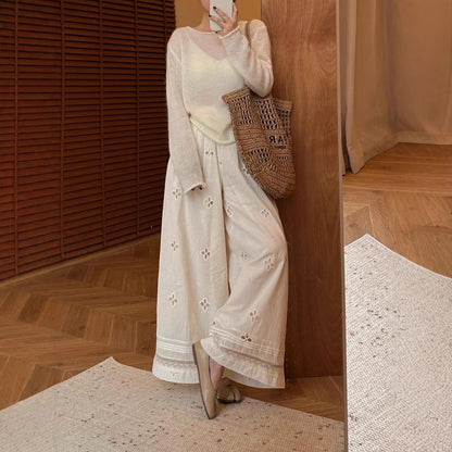 Simple daily sense hollow lace splicing loose fluttering casual sports wide-leg pants