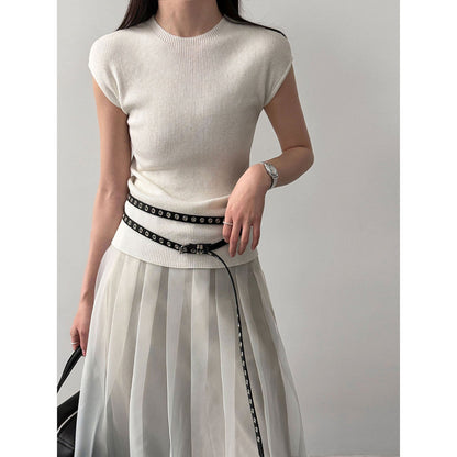 Simple slim temperament flying sleeves wool knitted top women's 26 spring new versatile T-shirt