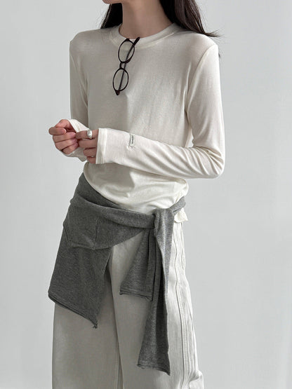 Soft waxy 28% Tencel wool loose high elastic long-sleeved bottoming shirt women's early spring simple inner T-shirt