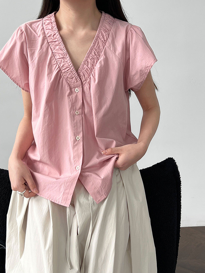 Korean V-neck lace flying sleeves short sleeves women's summer new thin short simple cardigan top