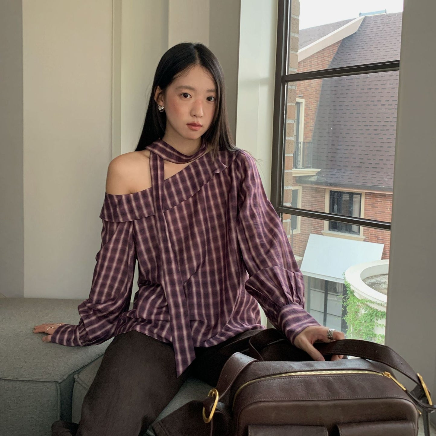 Ruffle-edged slanted shoulder long-sleeved pullover plaid shirt