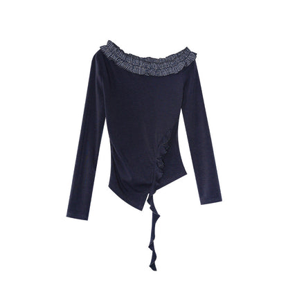 Women's Slash Shoulder Fungus Edge Long Sleeve Cotton Shirt