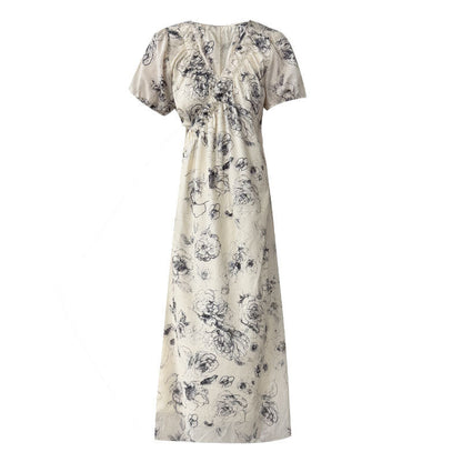 French classic ink painting floral one-piece dress, summer new high-end coffee break dress