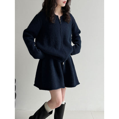 Korean soft waxy casual knitted sweater set for women's winter new curled A-word short skirt two-piece set