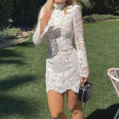 Fashion Sexy Lace Short Skirt Hollow Slim Flared Sleeve Dress