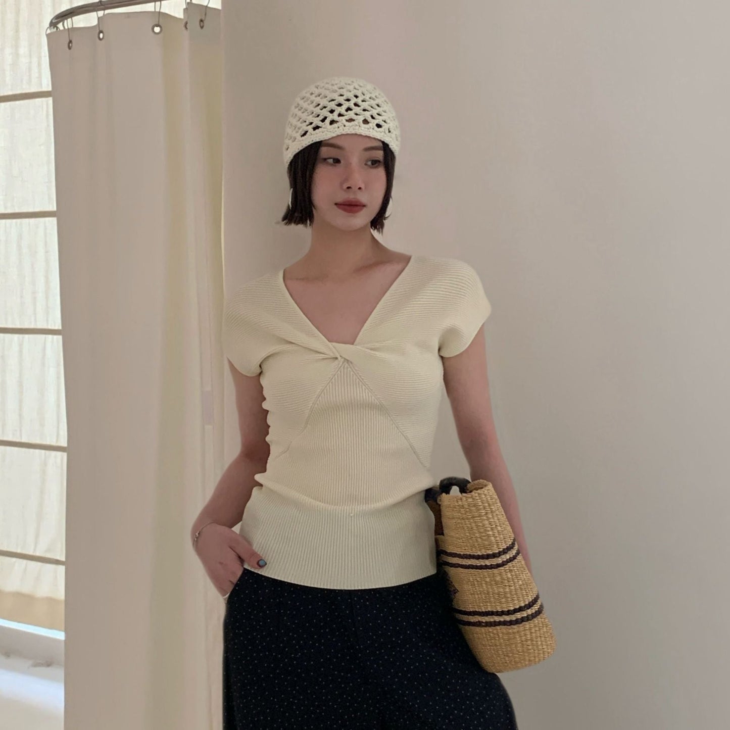 Elastic pit strip short-sleeved knitted slim kink v-neck top S578