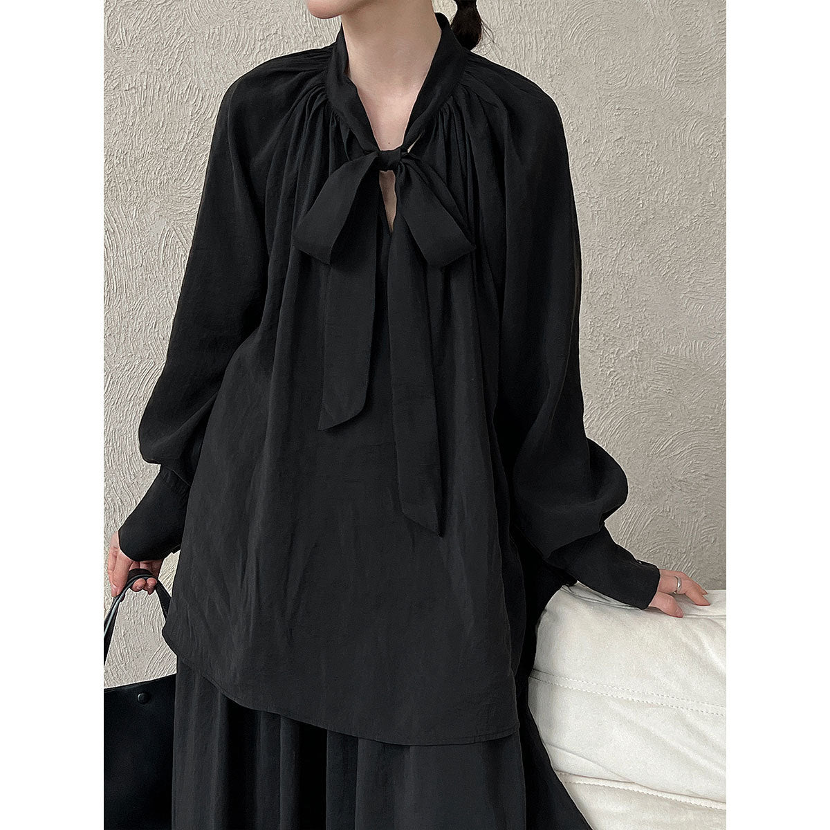 Korean temperament design sense streamer long-sleeved shirt + skirt women's autumn new lazy sense suit