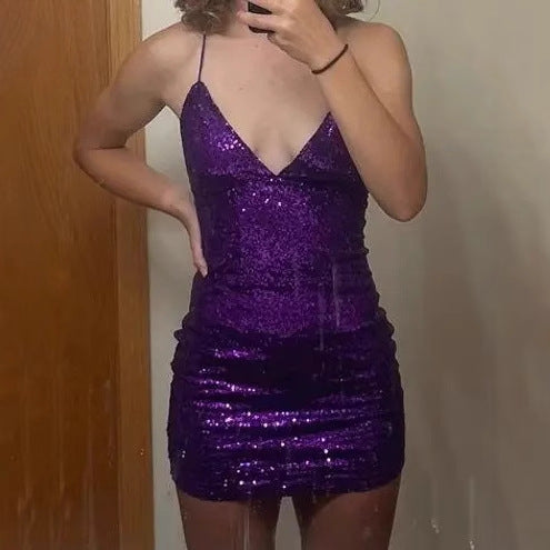 Sequin dress backless slim fashion sexy hottie hip sling short skirt tight