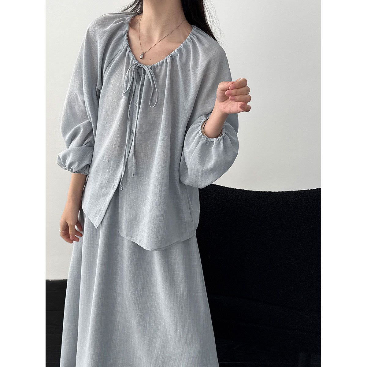 Korean gentle wind drawstring shirt + drape A-shaped skirt women's 26 spring new commuter suit