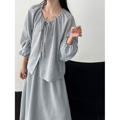 Korean gentle wind drawstring shirt + drape A-shaped skirt women's 26 spring new commuter suit