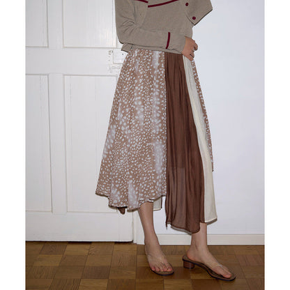 Irregular printing and dyeing chiffon splicing skirt literary Mori medium and long skirt