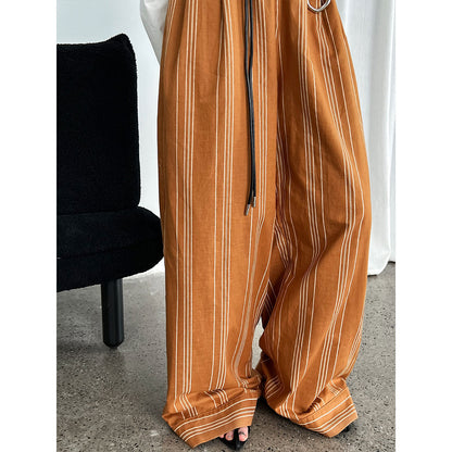 Cotton and linen old money wind striped elastic waist casual pants women's new summer models with belts lazy wide legs