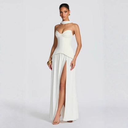 New gauze fishbone tube top dress waist backless streamer sexy European and American split skirt