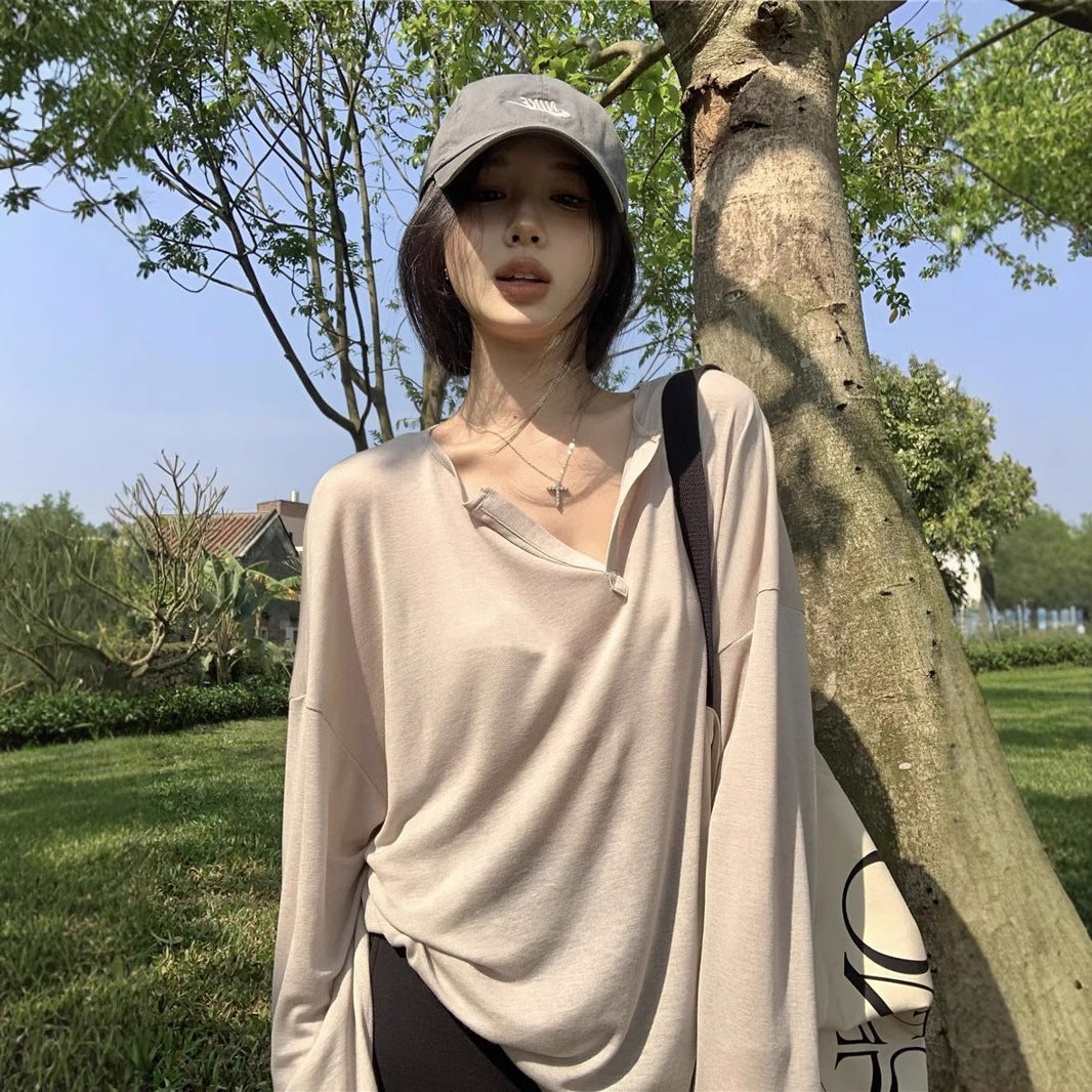 V-Neck Long Sleeve T-Shirt Women Loose Fit Ribbed Sheer Cover-Up