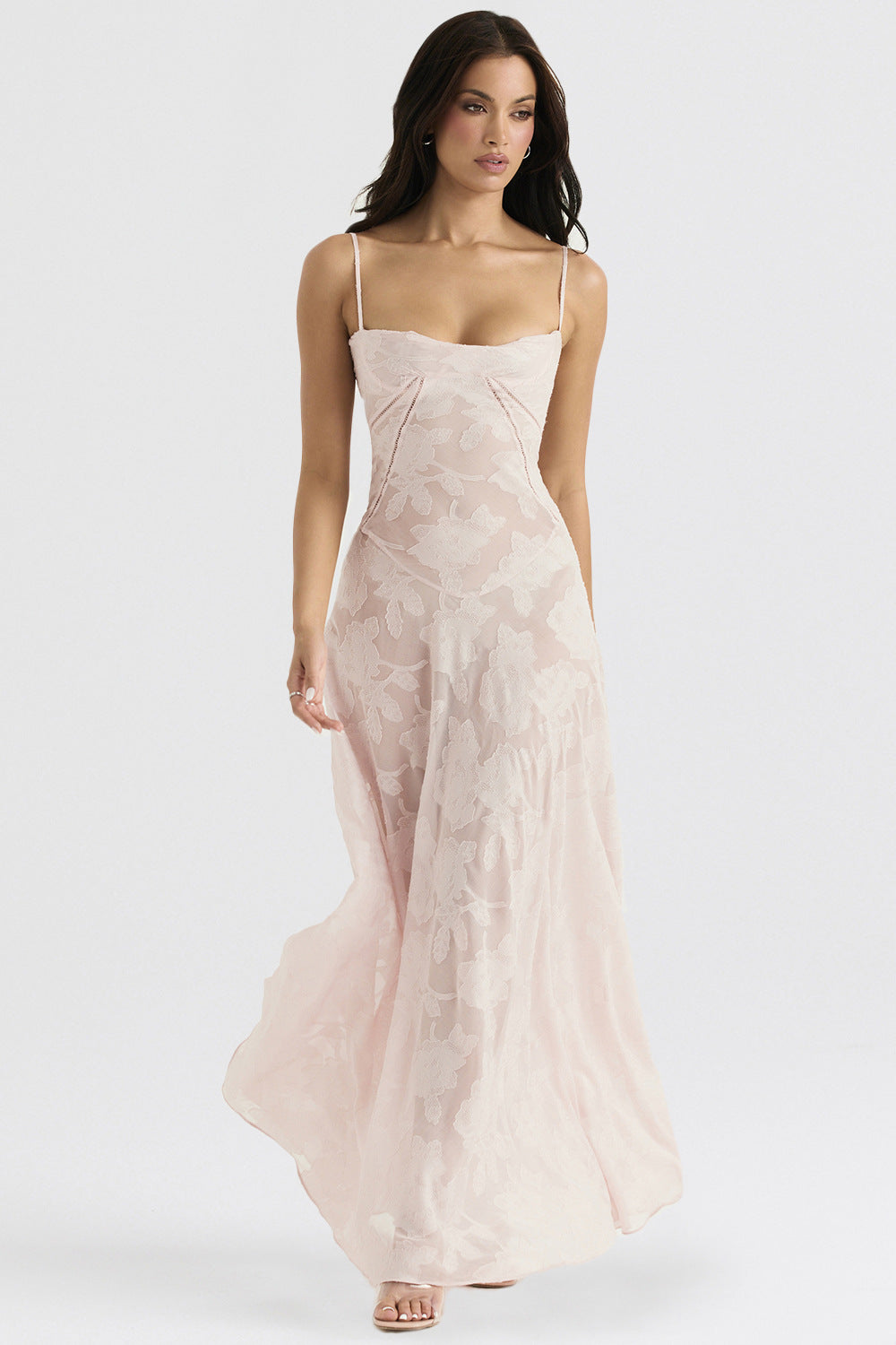 Waist slim French suspender dress one-word neck drawstring lace embroidered dress