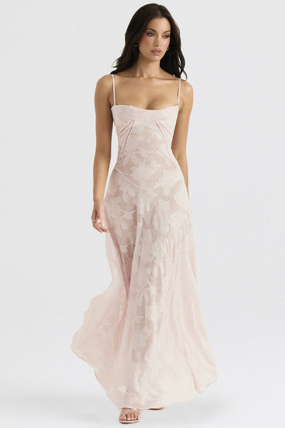 Waist slim French suspender dress one-word neck drawstring lace embroidered dress