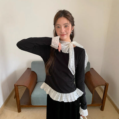 Court style sweet age-reducing bow long-sleeved knitted sweater for women