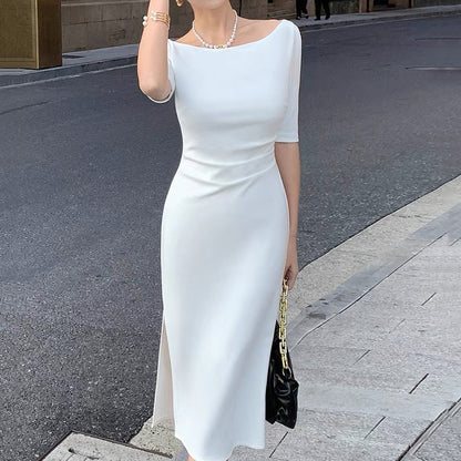One-Shoulder Dress Women High Waist Slim Fit Pleated Bodycon Midi