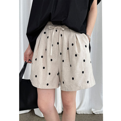 Cotton and linen embroidered polka dot elastic waist shorts women's summer new high-waisted versatile casual wide-leg pants 1953