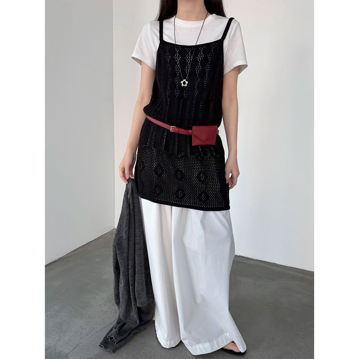 Korean hollow suspender knitted vest skirt women's spring new stacked A-shaped skirt blouse