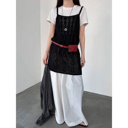 Korean hollow suspender knitted vest skirt women's spring new stacked A-shaped skirt blouse