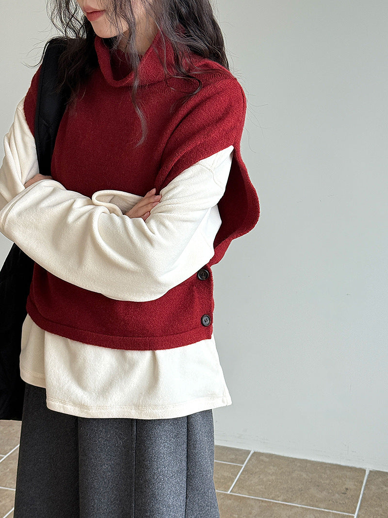 Pile collar knitted vest vest women's winter new lazy style, stacked wearing vest sweater