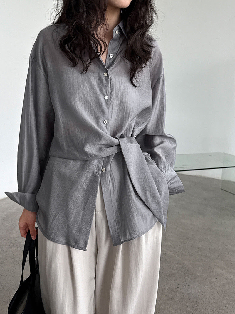 French hem strap-up Tencel acetate sunscreen shirt women's summer new light and thin long-sleeved shawl